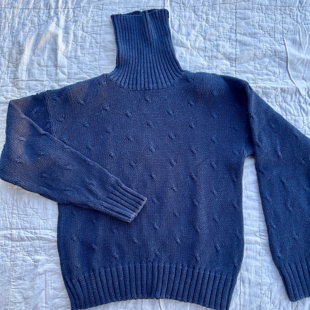 Vintage Navy Blue Cable Knit Turtleneck Sweater Small